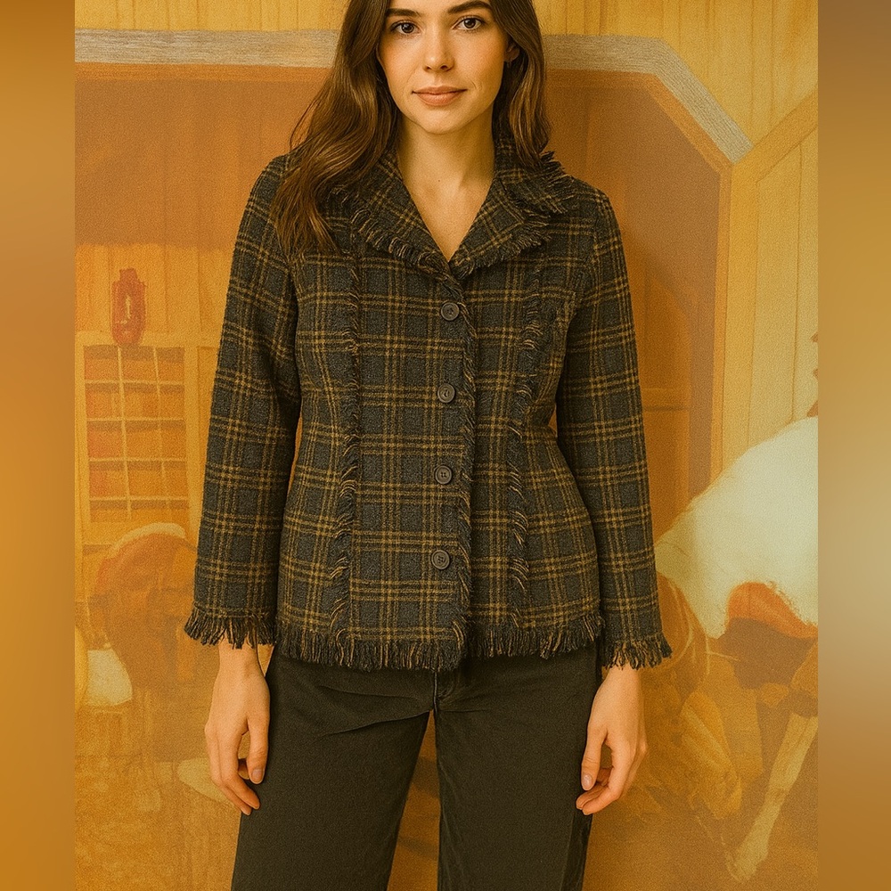 3/$10 Vintage El Flamigo Plaid Fringe Wool-Blend Jacket (M)
